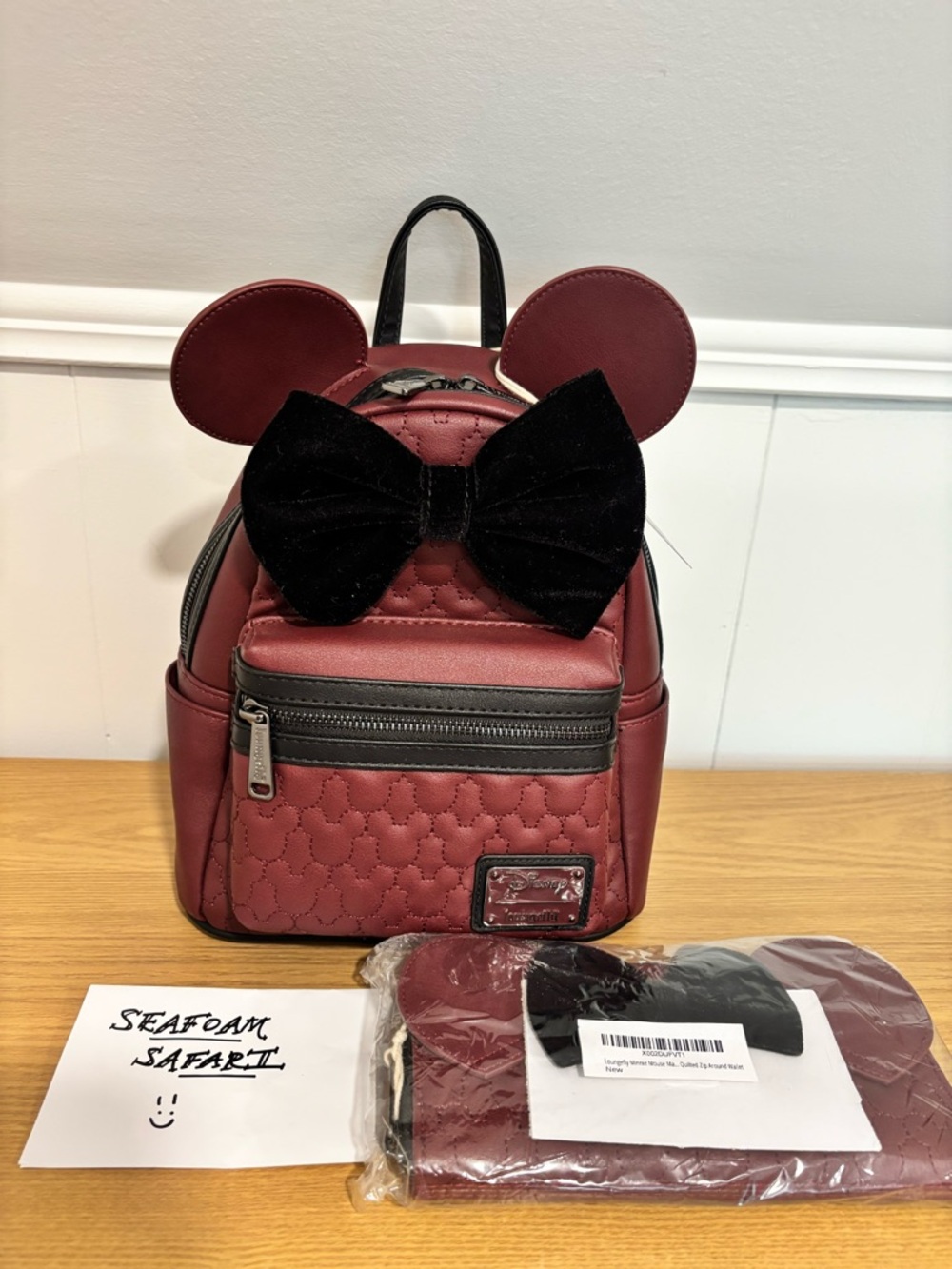 NWT Loungefly Mini Backpack in Maroon with Black Bow + Matching Wallet Set